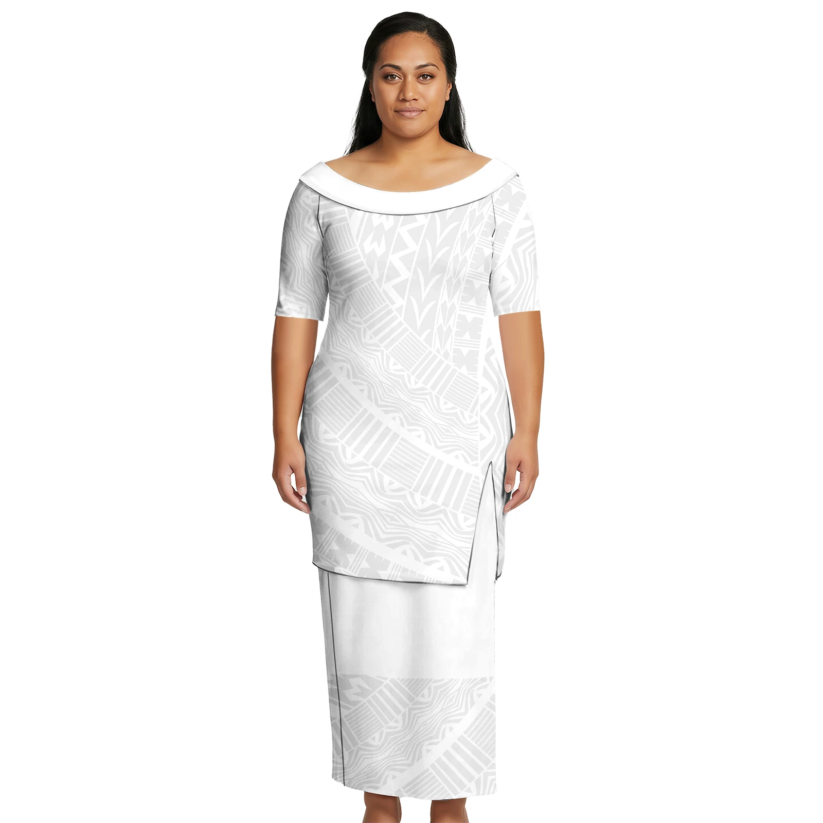 Tribal Print Island Clothes White 2 Piece Set Dress Puletasi Polynesia Custom Ladies Elegant Holiday Party Puletasi Samoan Women