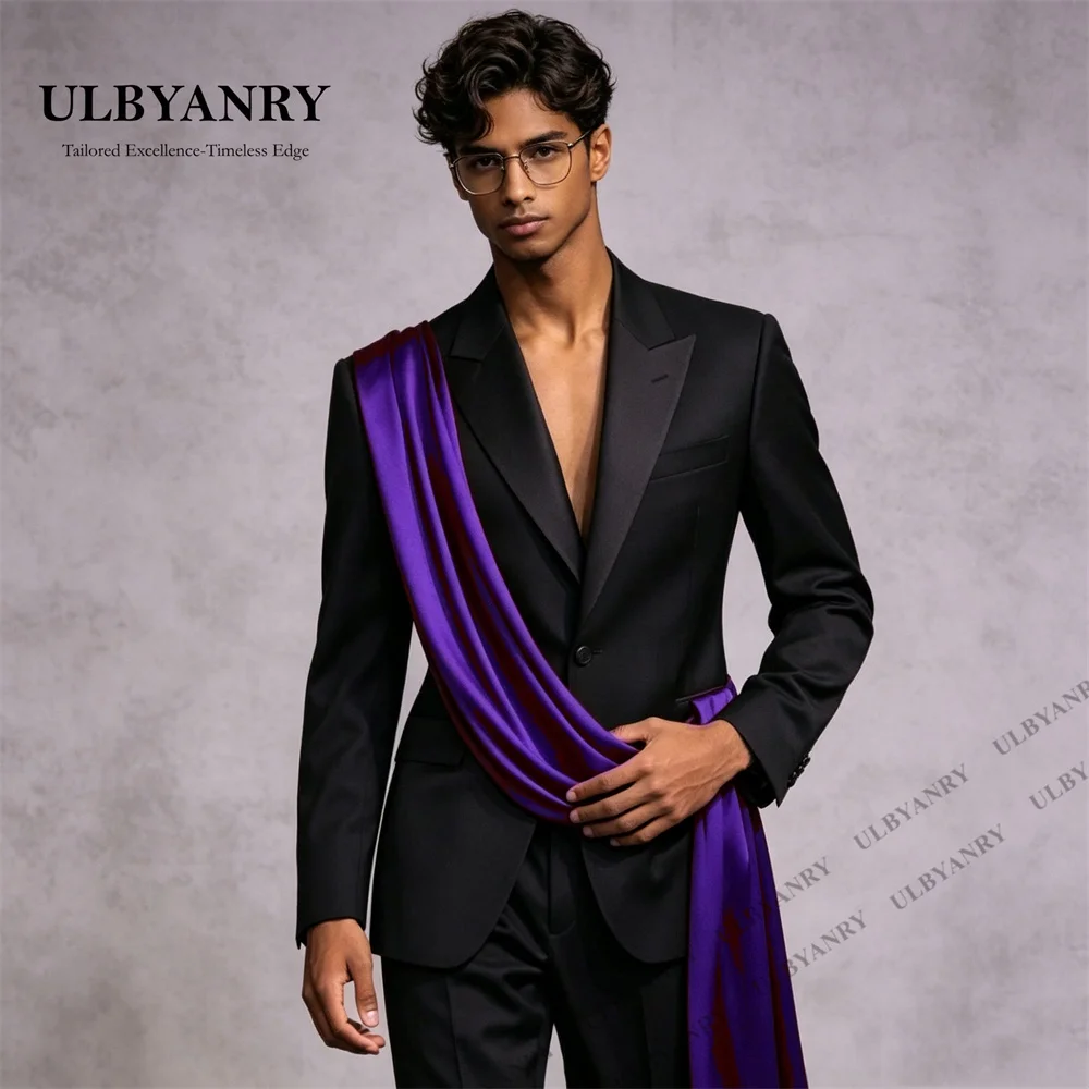 Traje de Hombre Negro Personalizado ULBYANRY con Cinta de Satén, Conjunto de Chaqueta y Pantalón para Eventos Formales, Tallas XXS-7XL, Trajes para Hombres Altos y de Talla Grande