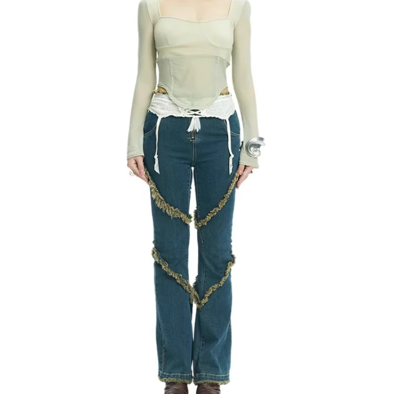 2025 Autumn New Dark Blue Slightly Stretch Slimming Burr Splicing Women's Flared Pants Vintage Design Versatile Jeans Ladies