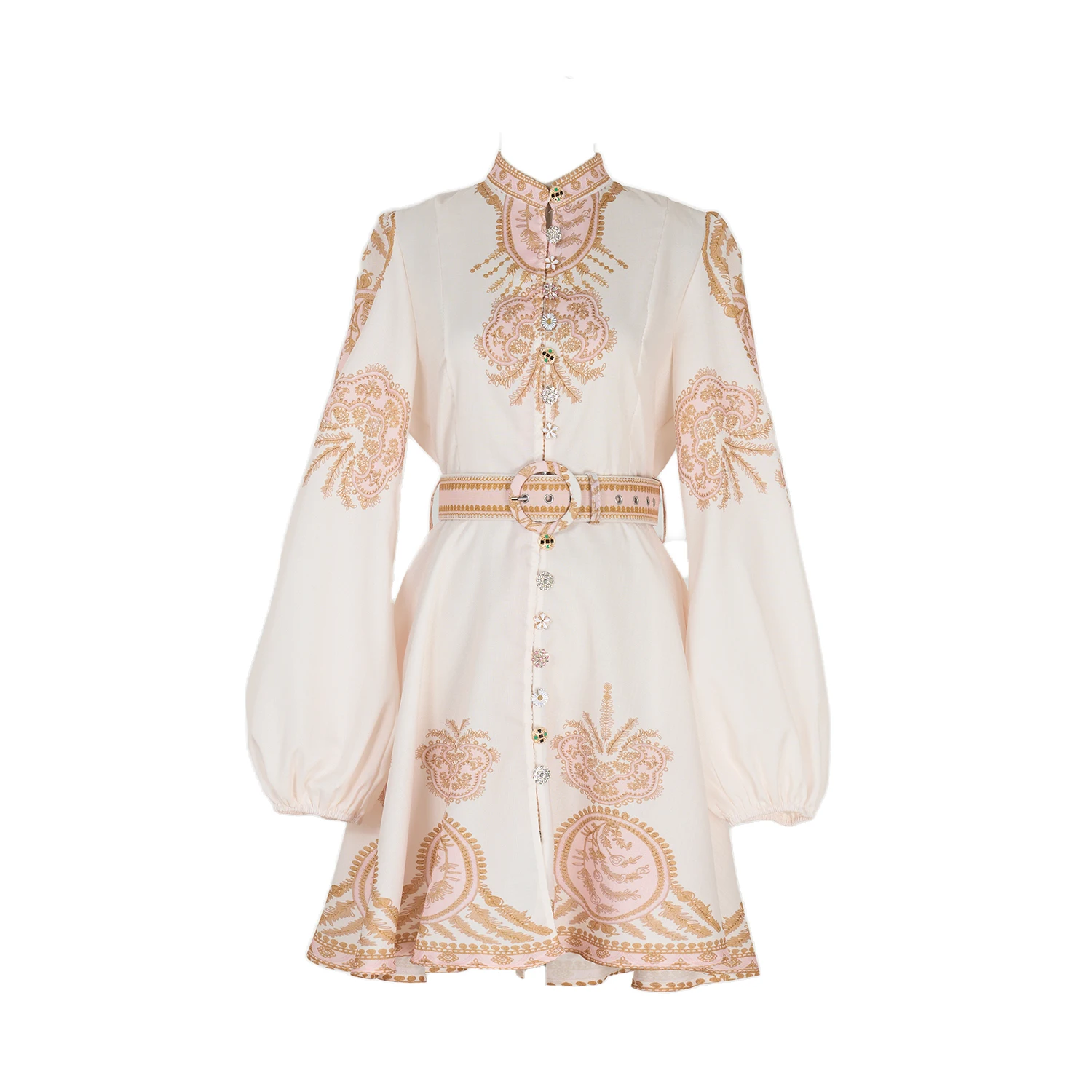 فستان قصير فني بأكمام فانوس وياقة نصف عالية للارتداء في الربيع، مصنوع من ألياف البوليستر متوسطة السماكة