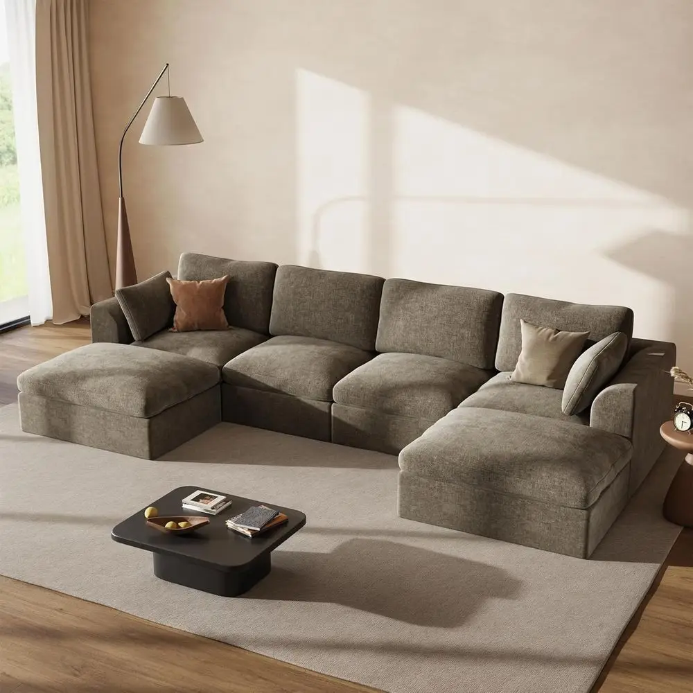 

Oversized 4-Seat Cloud Sofa Set with Ottoman, Deep Comfort, Chenille Light Brown Living Room Furniture