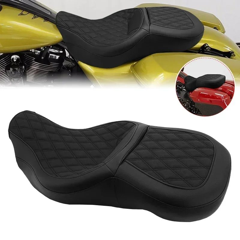 

For Harley Touring Road King Glide 2009-2022 Motorcycle Two-Up Driver Passenger Seat Cushion Motorbike Front Rear PU Leather Pad