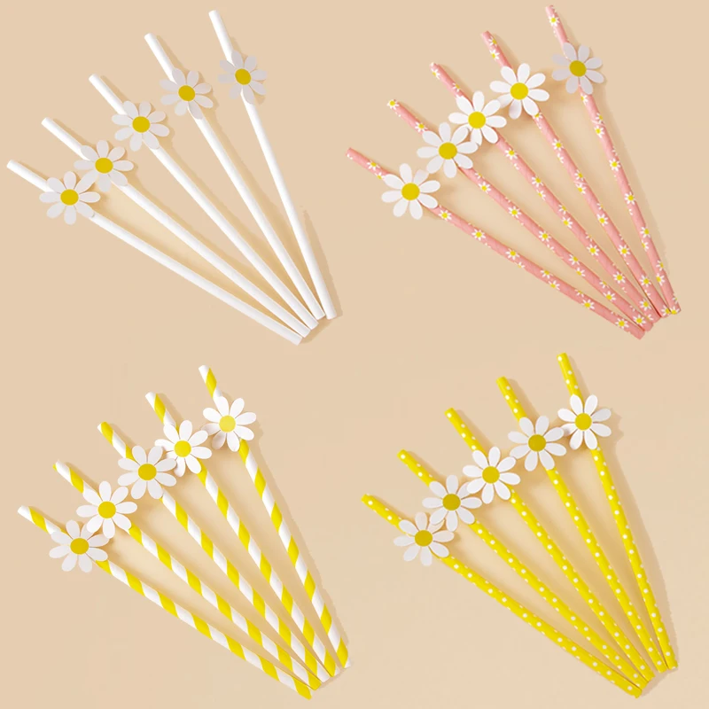 10/20/30pcs Daisy Flower Paper Straws Disposable Drinking Straws Daisy Themed Birthday Party Decorations Wedding Party Supplies