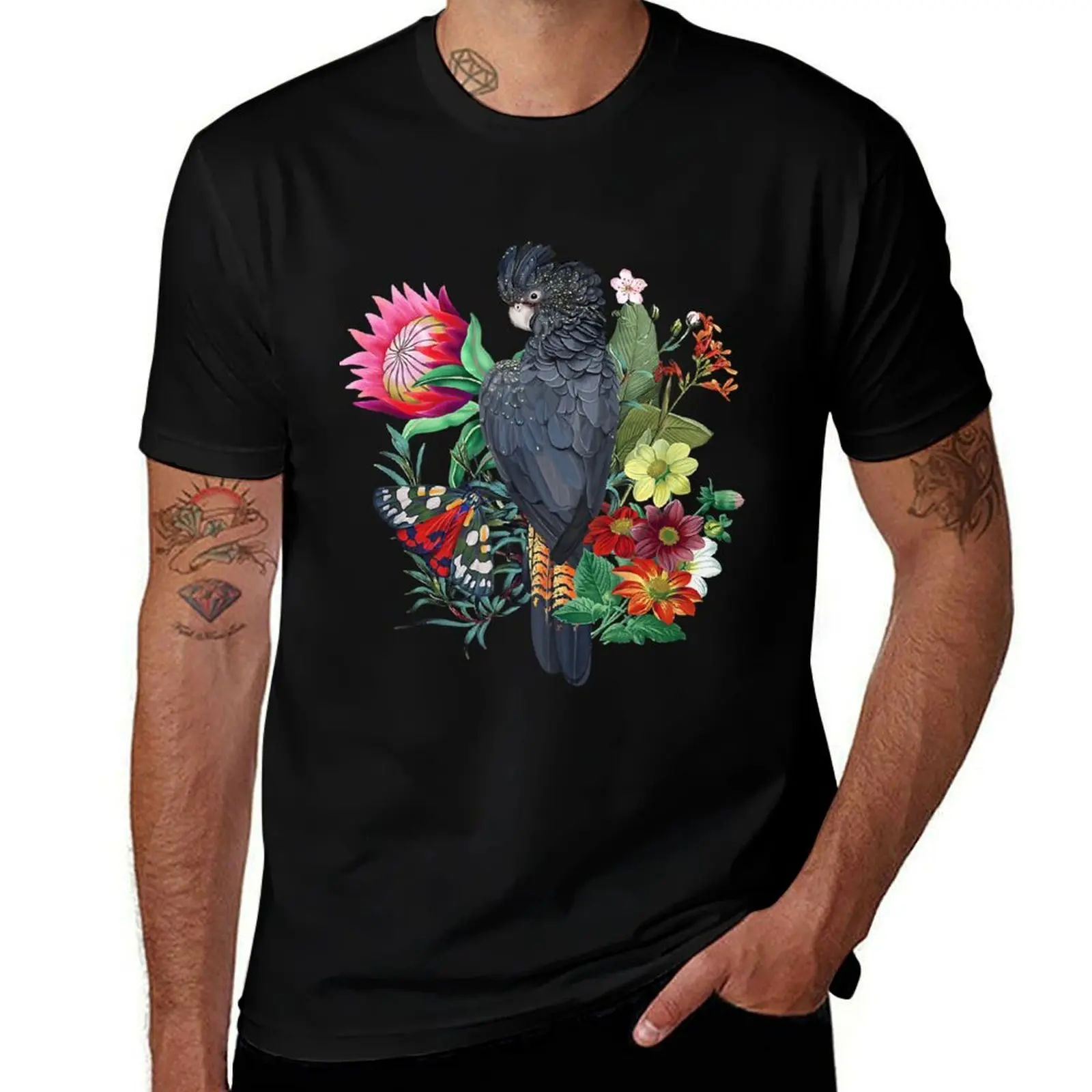 Black Parrot Cockatoo With Flowers And Butterfly T-Shirt Casual Loose Short Sleeve Tee for Men T-Shirt