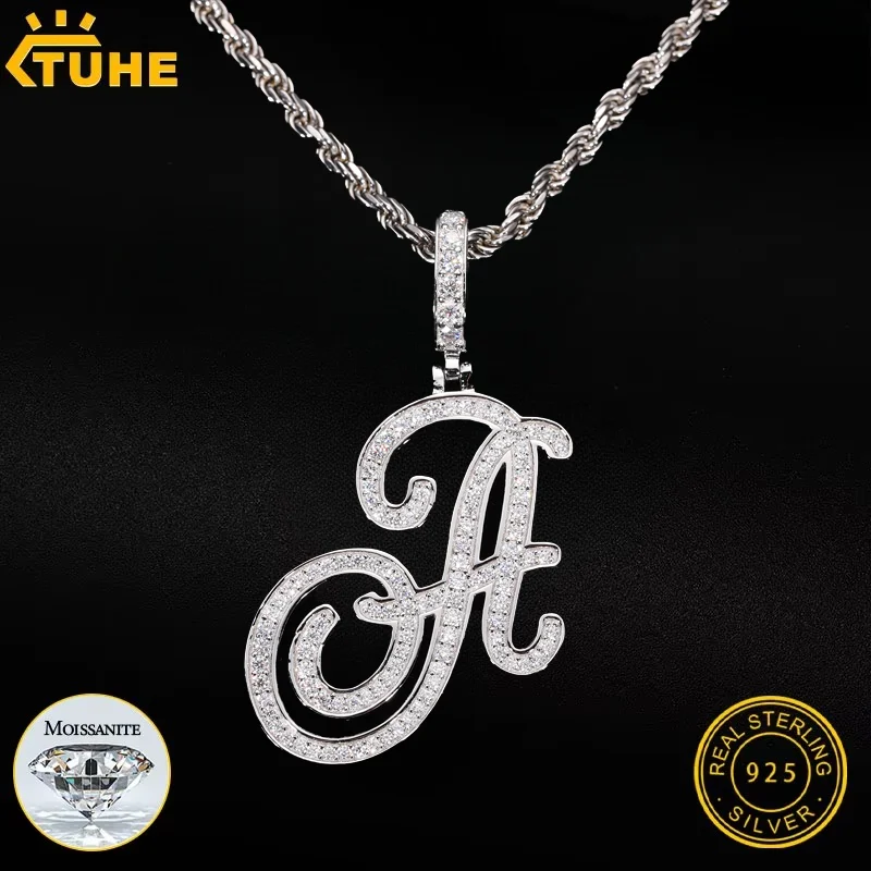 

New A-Z Cursive Letters Name 925 Pendant Necklace Iced Out Moissanite Gold Silver Color Charm Hip Hop Jewelry