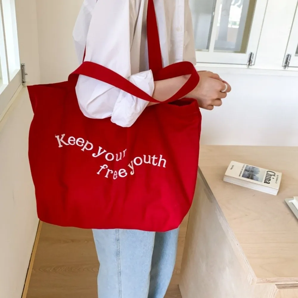 

Trendy Solid Color Canvas Totes Bag Casual College Student Letters Shoulder Bag Large Capacity Versatile Women's Handbag Female