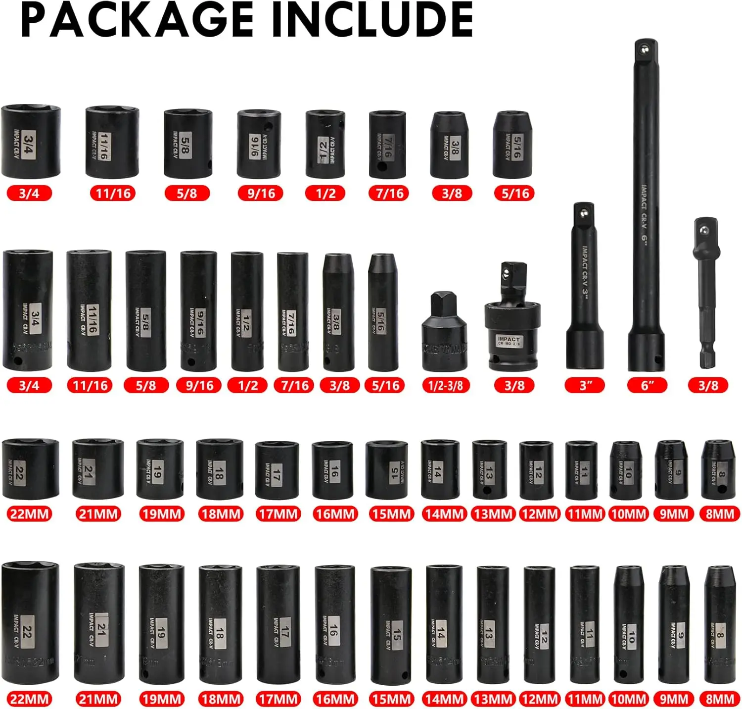 3/8-Inch Drive Impact Socket Set,49 Pieces,SAE/Metric,Deep/Shallow,(5/16