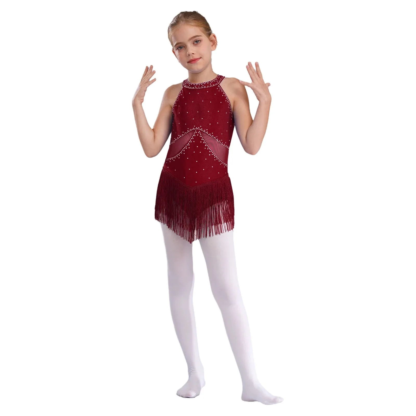 Kids Girls Glittery Rhinestones Ballet Jersey Costumes Rhythmic Gymnastics Leotards Artistic Skating Dress Tassel Tight Bodysuit