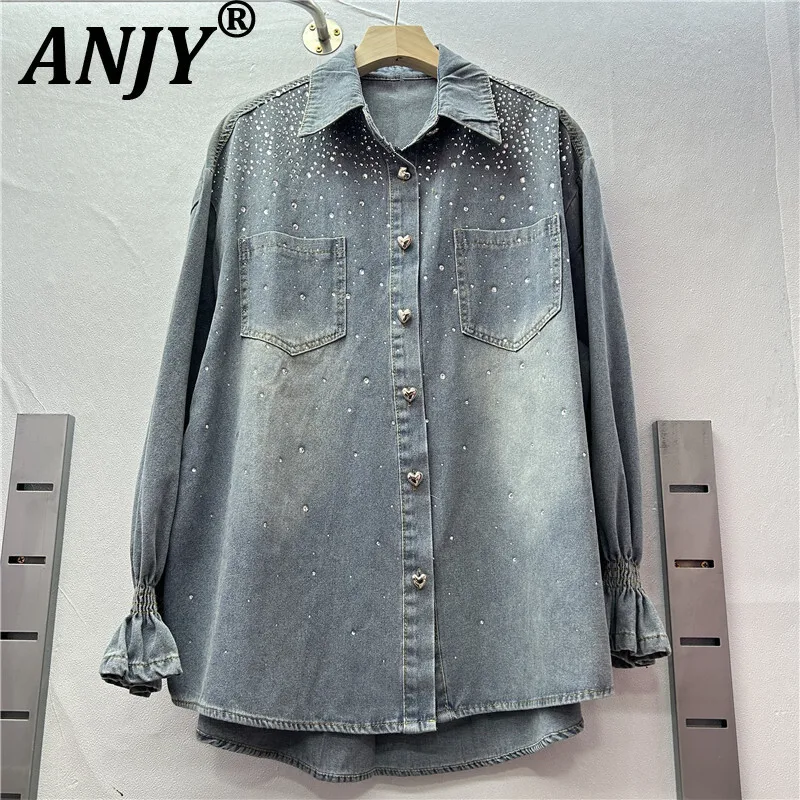 

ANJY Autumn New Women Ins Shirt Studded Diamonds Distressed Denim Coat Pockets Single Breasted Elegant Vintage Casual Tops A9973