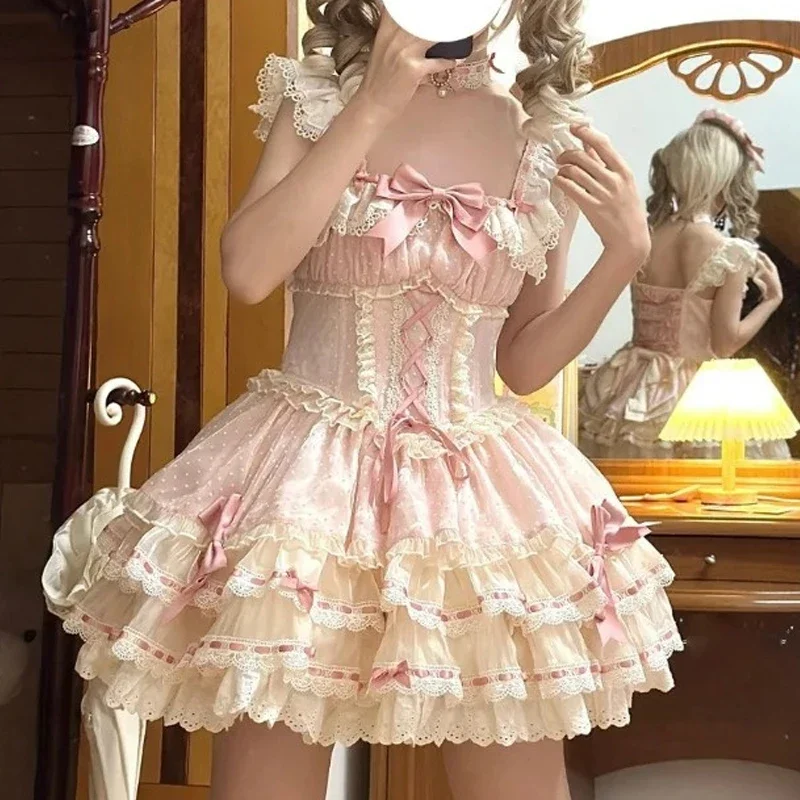 Harajuku Cute Japanese Sweet Lolita Jsk Mesh Dress Women Kawaii Lace Bow Ruffles Tea Party Dresses Pink Princess Mini Cake Dress