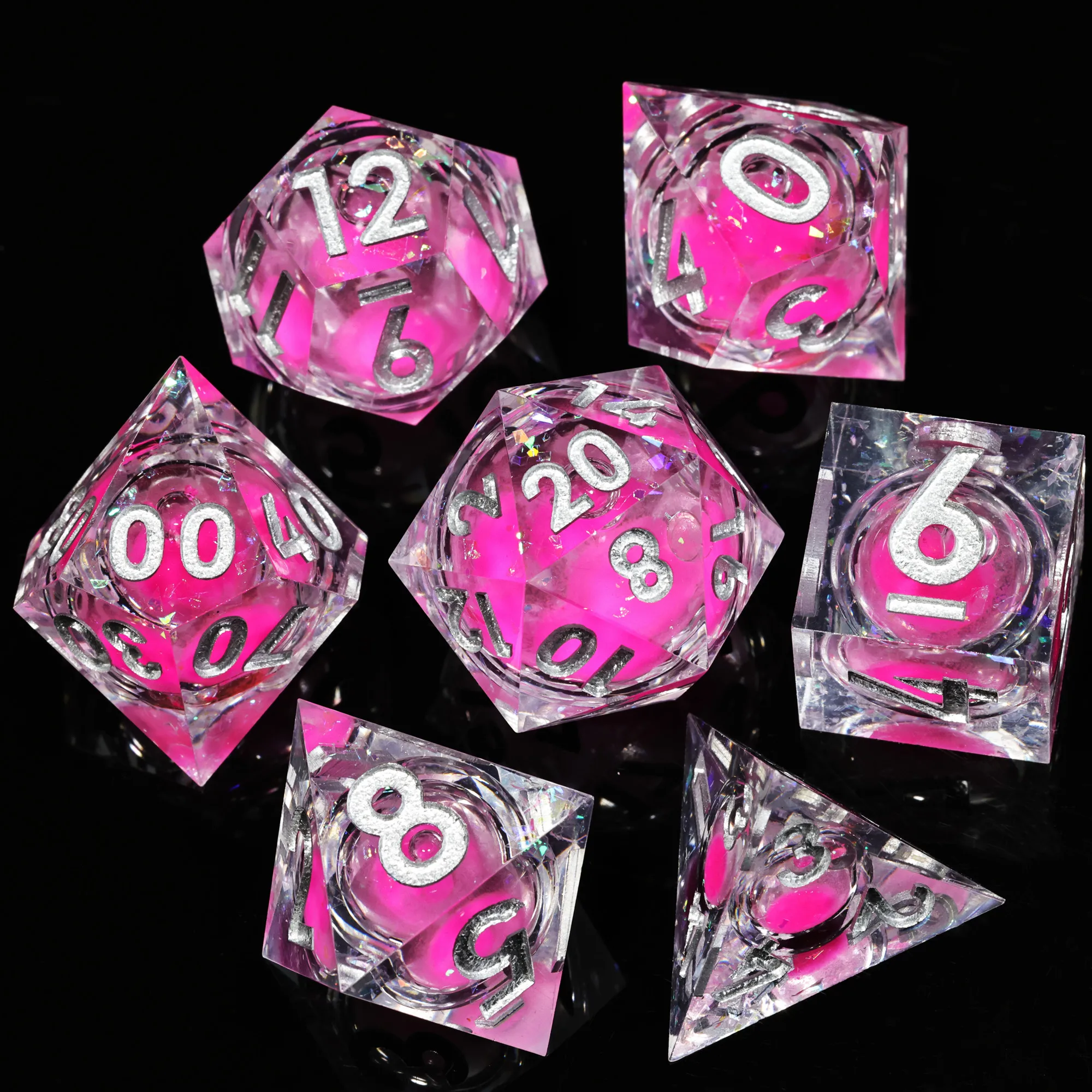 MINI PLANET Pink Blue Gold Flowing Sand Liquid Core Dice Set 7pcs Polyhedral Resin Dice For RPG Desktop Games Handmade DND Dice