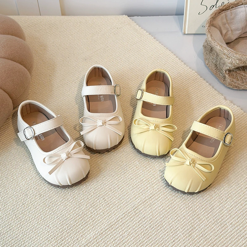 

Autumn Girl's Princess Shoes Bowknot Shallow Pu Leather Sweet Kid's Flat Shoe Beige Yellow Anti-slip Chic Daily Children Shoe