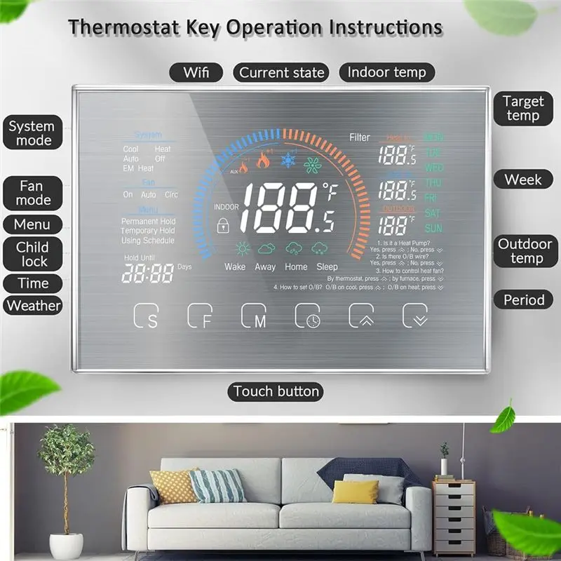 A64Z Untuk Pompa Panas Termostat Wifi Pintar Layar Sentuh LCD 4.8 Inci Termostat Pintar Termasuk Adaptor Kabel-C