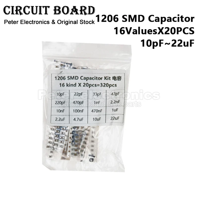

(320pcs) 1206 SMD Capacitor Assorted Kit 10pF 22uF 33pF 47pF 1nF 2.2nF 4.7nF 10uF 100nF 470nF 16ValuesX20PCS