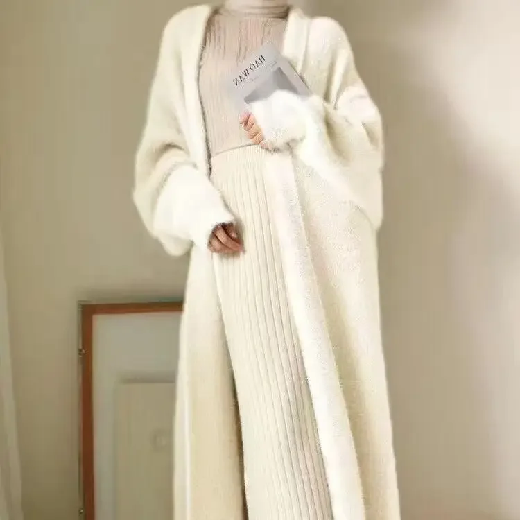 white Long Cardigan for women 2024 winter clothes Knitted fluffy long sleeve Cashmere sweater coat  style  vintage