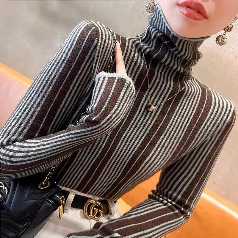 

Autumn Winter Striped Turtleneck Sweaters Comfortable Soft Elastic Slim Top Knitwear Women Clothing Fashion Elegant Pullovers