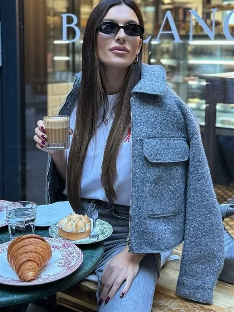 Fmxires Knit Fashion Warm Jackets Coat Women's Zipper Pocket Solid Lapel Loose Commute Stitch Sweatshirt Female Autumn Jackets