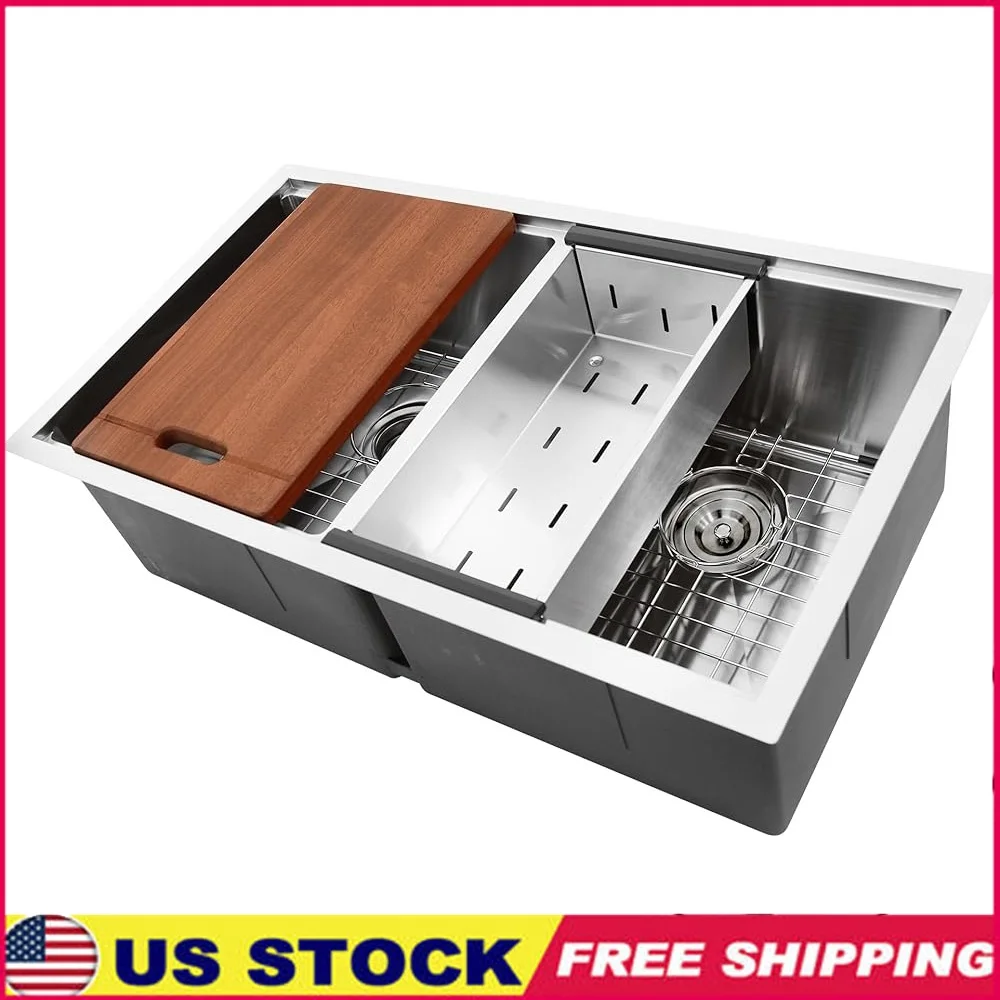 

Double Prep Station Stainless Steel Sink 32x19 Undermount with 2 Strainer Drains Bottom Grids Cutting Board Colander Easy