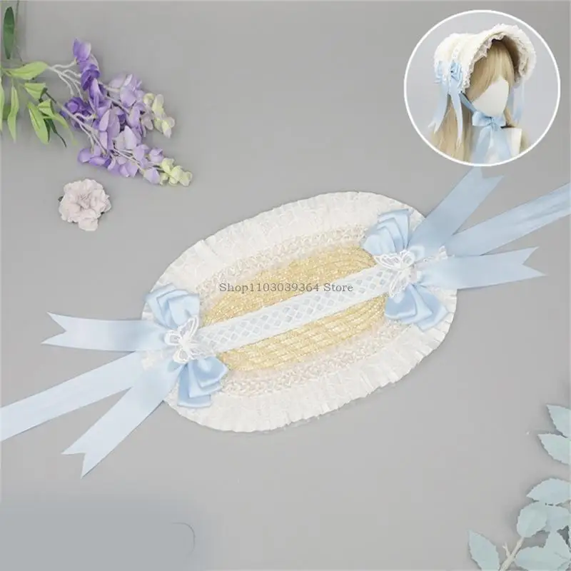 

Handmade Victorian Bonnet Lace Straw Sun Hat for TeaParties Cosplay Costume Hat