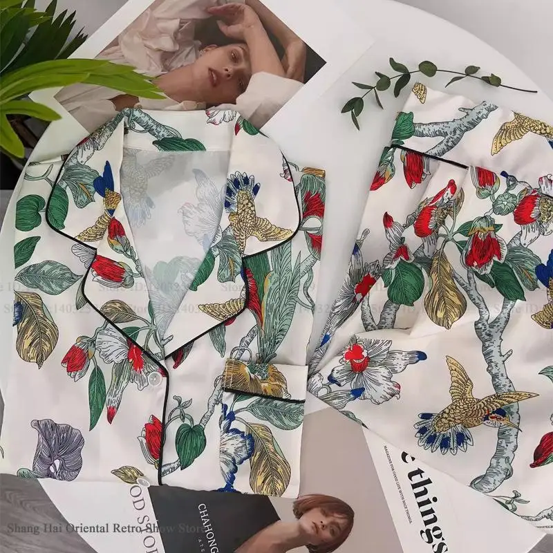 

Print Flower Pajamas Two-Piece Set Summer New Short Sleeve Trouser Pijamas Suit Loose Casual Women's Sleepwear Home Clothes