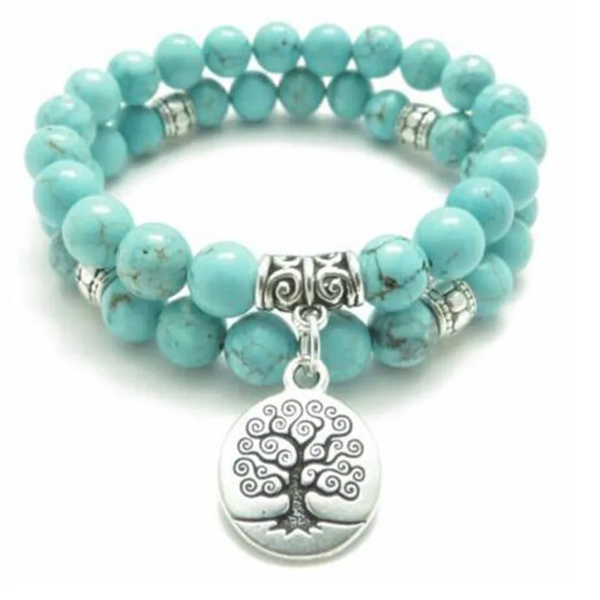 

2Pcs 8mm Natural Turquoise Tree of Life Pendant Mala Bracelet Bangle Handmade Unisex Charm Gift Men