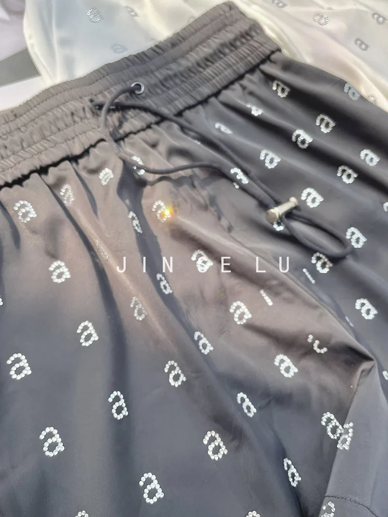 Summer Thin Rhinestone Letter Shorts Women\'s Fashion High Waist Loose Drooping Casual Versatile Slimming Ladies Wide Leg Pants