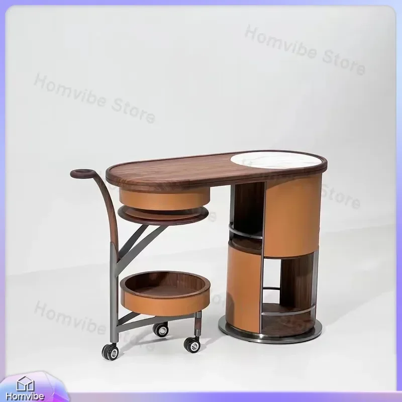 Italian Light Luxury Walnut Leather Art Movable Cart High End Kitchen Island Trolley Rolling Serving Bar Furniture Home Decor