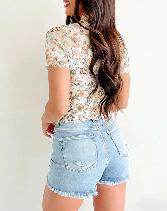 

Women's Versatile Chain Mesh Top Stand Collar Short Sleeved Transparent Mesh T-Shirt&lined Slim Lettuce Trimmed Shirt Top