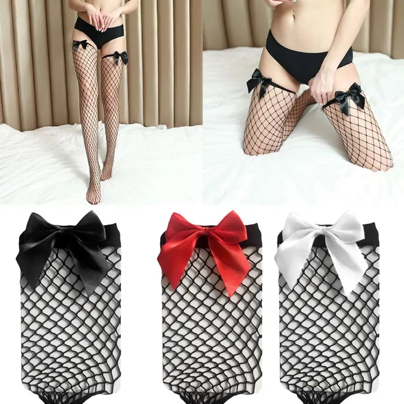 

Women Hollow Out Fishnet Thigh High Stockings Bowknot Top Decor Over Knee Socks N7YF