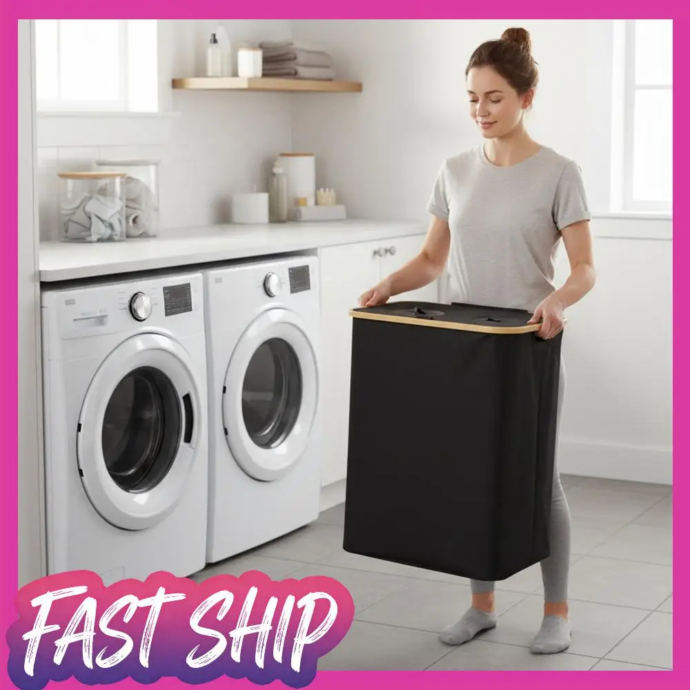 

140L Foldable Oxford 2 Sections Laundry Hamper with Lid Large Dual Laundry Basket Removable Bag for Living Room Bathroom Bedroom