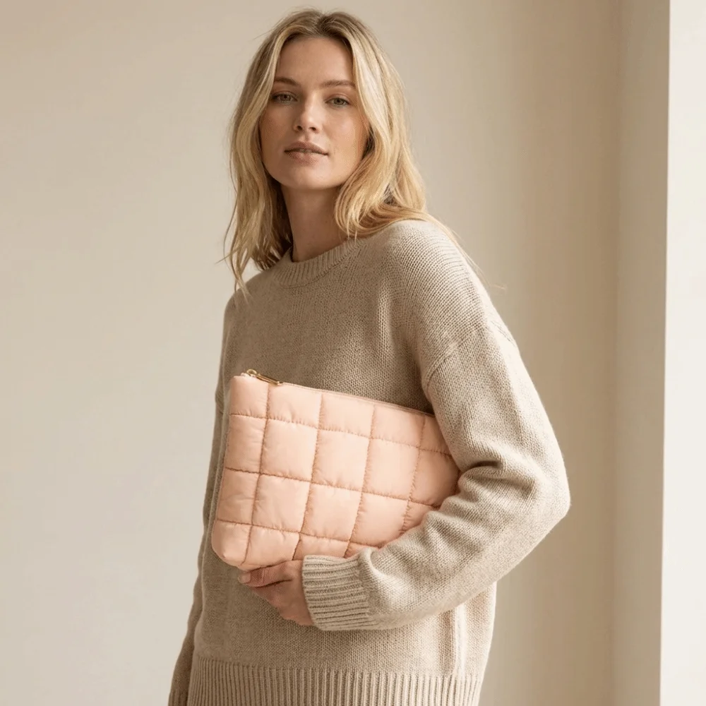 Elegant Puffy Quilted Padded Makeup Bag Large Capacity Storage Bag Cotton Clutch Bag Solid Color Handbag Cosmetic Bag Women