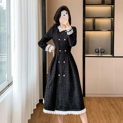 French Autumn Winter Tweed Double-Breasted Midi Dress New Elegant Women's O Neck Long Sleeve Ruffles Trim Elastic Waist Vestidos