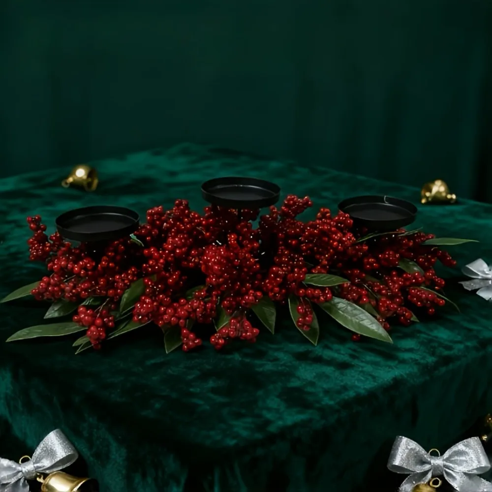 Artificial Berry Wreath Three Legged Candle Holder Wrought Iron Simulated Wreath Candlestick Centerpiece Red Stable Base