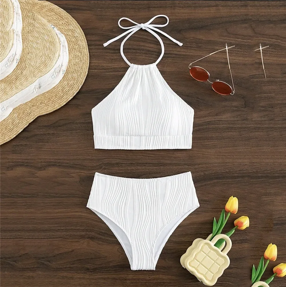 Seksowne białe bikini z wysokim stanem Kobiety Prążkowane stroje kąpielowe Push Up Strój kąpielowy Halter Backless Crop Top Back Hollow Out Strój