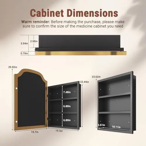 20x30 Modern Bathroom Medicine Cabinet Mirror with Storage Gold | Easy Install Tempered Glass Mirror, Durable Metal