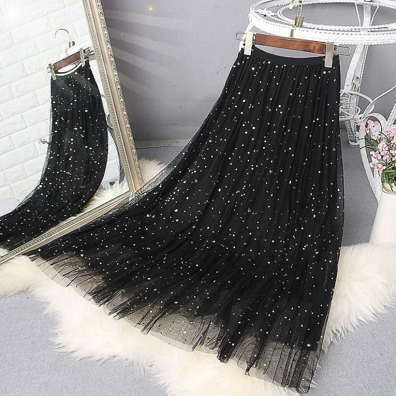 

Сетчатая юбка, женская длинная универсальная трехслойная газовая юбка с высокой талией и блестками, женская юбка Fairy Fluttering