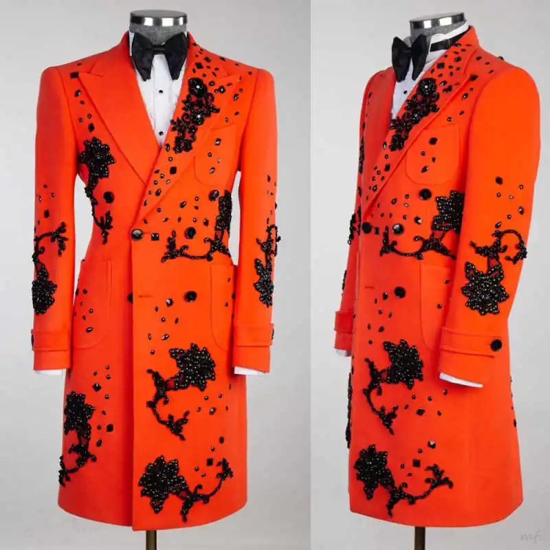 

Luxury Diamond Crystals Men Overcoat Peaked Lapel Double Breasted Wedding Groom Outdoor Warm Coat Customized trajes para hombre