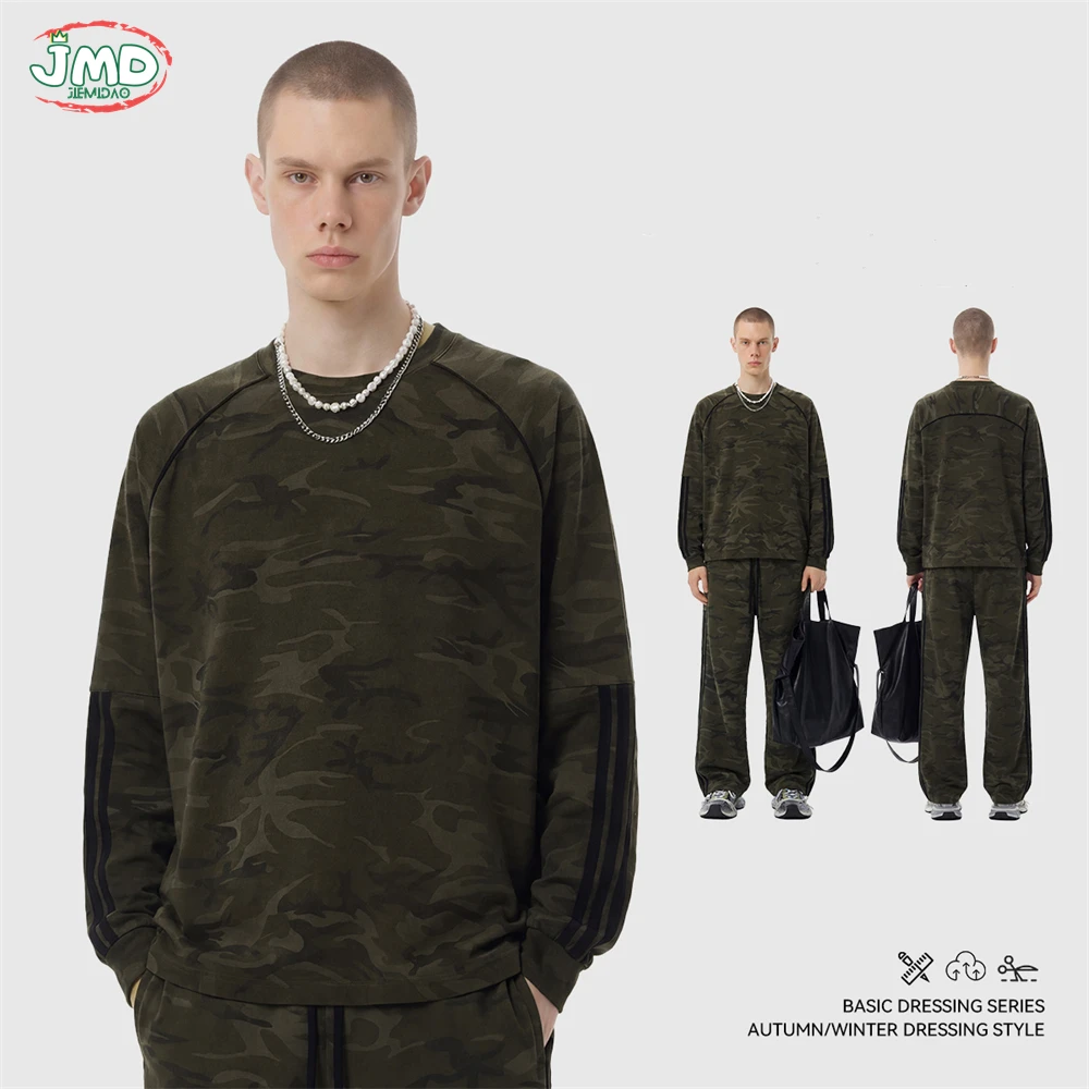 JMD Trendy Camouflage‌ Printing Full Sleeve T Shirt For Man Unisex High Street 270gsm Cotton Raglan Sleeve T-Shirts QH0075
