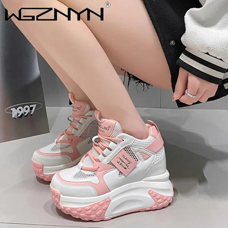 Women High Platform Casual Leather Shoes 2024 New Autumn Lace-up Chunky Sneakers 10CM Wedges Hidden Heels Leisure Shoes Woman