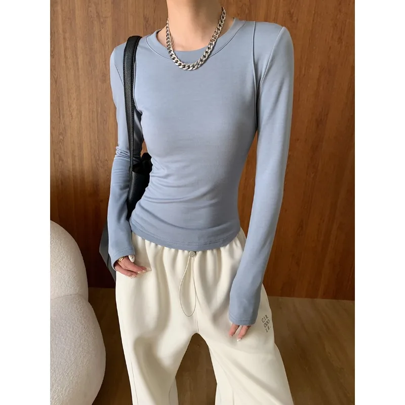 Deconstructed and segmented thickened brushed round neck slim T-shirt bottoming shirt 2024 early autumn new style