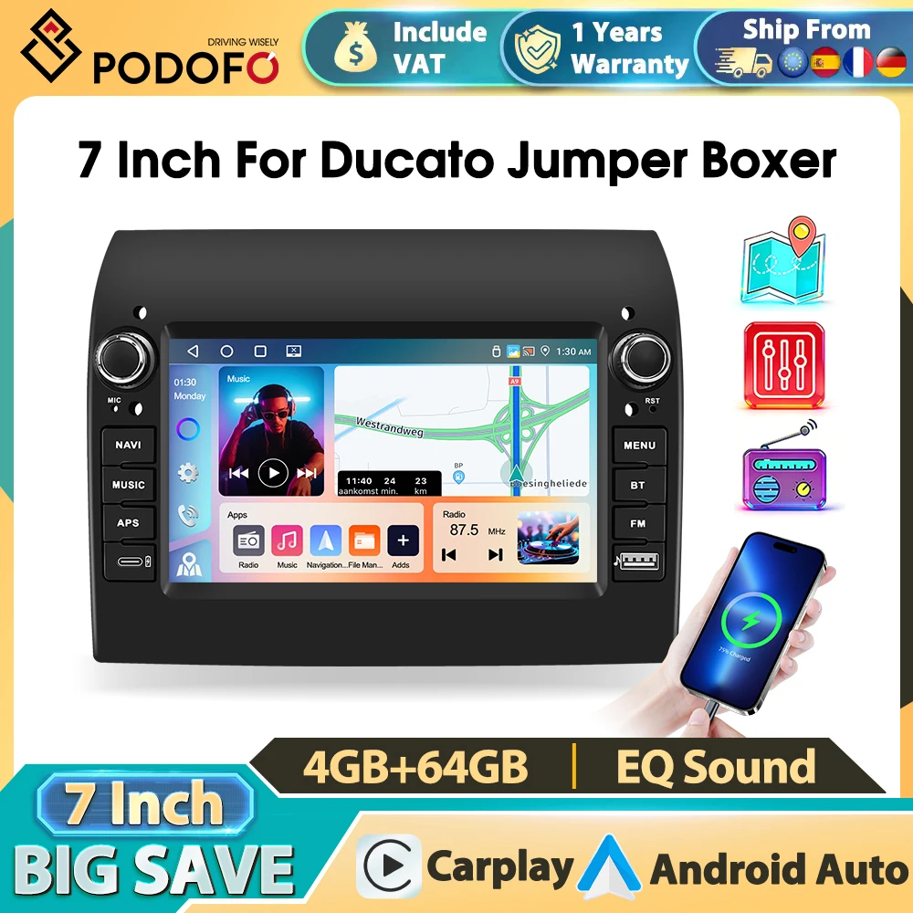Autoradio Podofo con Carplay per Fiat Ducato 2008-2015, Citroen Jumper 2011-2015, Peugeot Boxer 2011-2015, con WIFI, GPS, FM, RDS