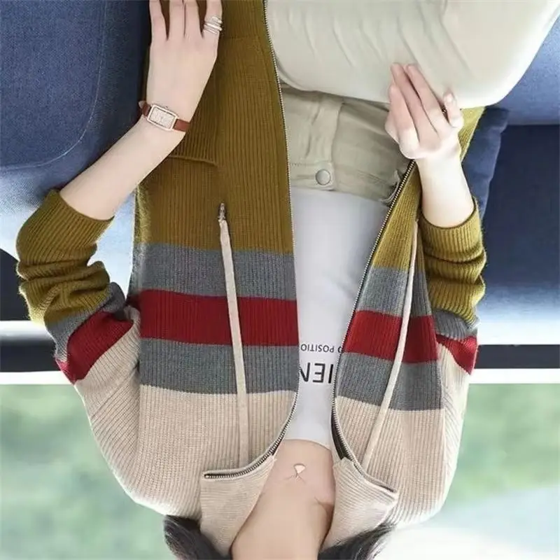 

Women Casual Hooded Knitted Sweater Coat Spring Autumn Korean Loose Striped Color-blocking Cardigan Female Zipper Sweater Jacket