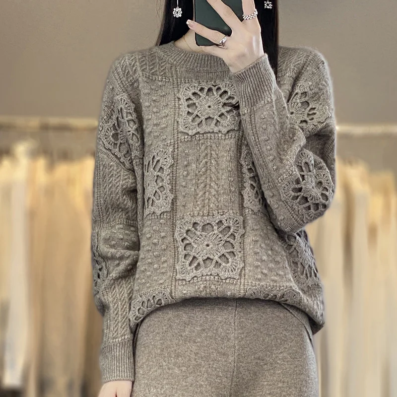 RONGYI Cashmere Pullover Autumn/Winter New 100% Pure Wool Sweater Casual Thickened Round Neck Knit Loose Solid Color Ladies Tops