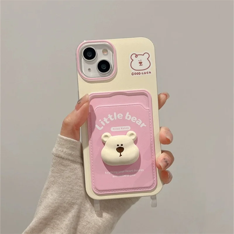 3D Little Bear Doll Pink Painted Card Bag Phone Case with Same Phone Hanging Strap Phone Case For iPhone 11 12 13 14 15 pro max