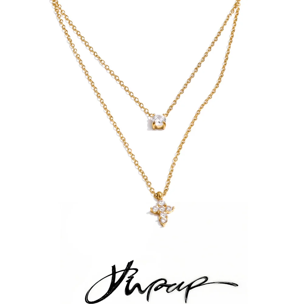 Yhpup Wysokiej Jakości Naszyjnik z Podwójnym Łańcuszkiem, Zawieszką z Cyrkoniami w Kształcie Krzyża, Delikatny Naszyjnik ze Stali Nierdzewnej, Modny Prezent Biżuteryjny