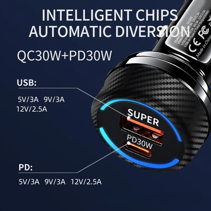 Ładowarka samochodowa 2-portowa PD 60W (PD30W+QC30W) do szybkiego ładowania telefonów HUAWEI, iPhone, Samsung, Xiaomi, adapter do zapalniczki samochodowej.