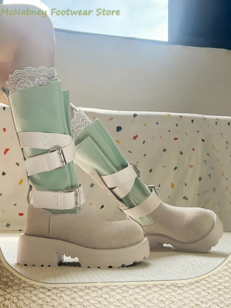 

Brown Venom Boots Belt Buckle Decorate Motorcycle Boots Round Head High-Soled Boots 2025 New Model Retro Slouch Boots