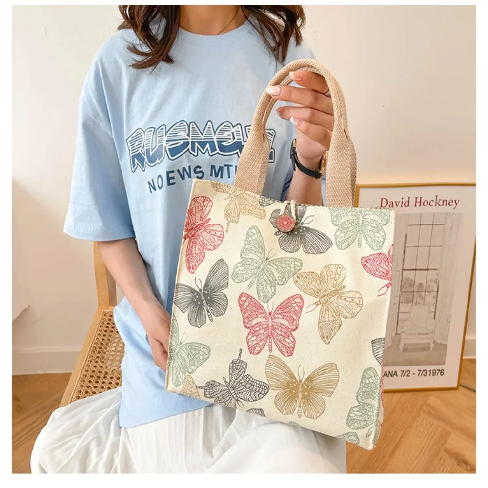 

New Printed Butterfly Lunch Bag For Women Girla Large Capacity Work Food Container Bags Portable Canvas Travel Picnic Lunch Bags