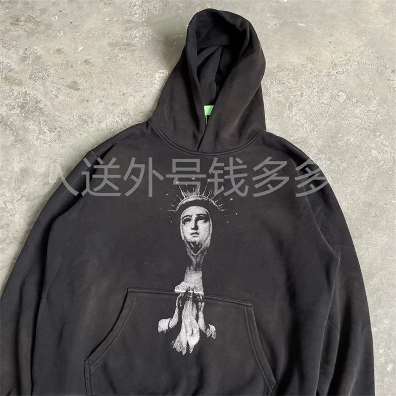 

2025ss Washed Black Saint Michael Hooded Sweatshirt Pure Cotton Oversized Hoodie