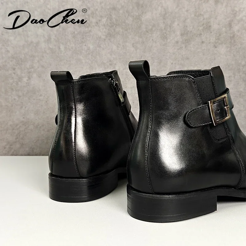 LUXURY MENS ANKLE BOOTS SHOES BLACK BUCKLE STRAP GENUINE LEATHER SLIP ON CHELSEA BOOTS CASUAL DRESS MAN SHOES LEATHER BOOTS MEN